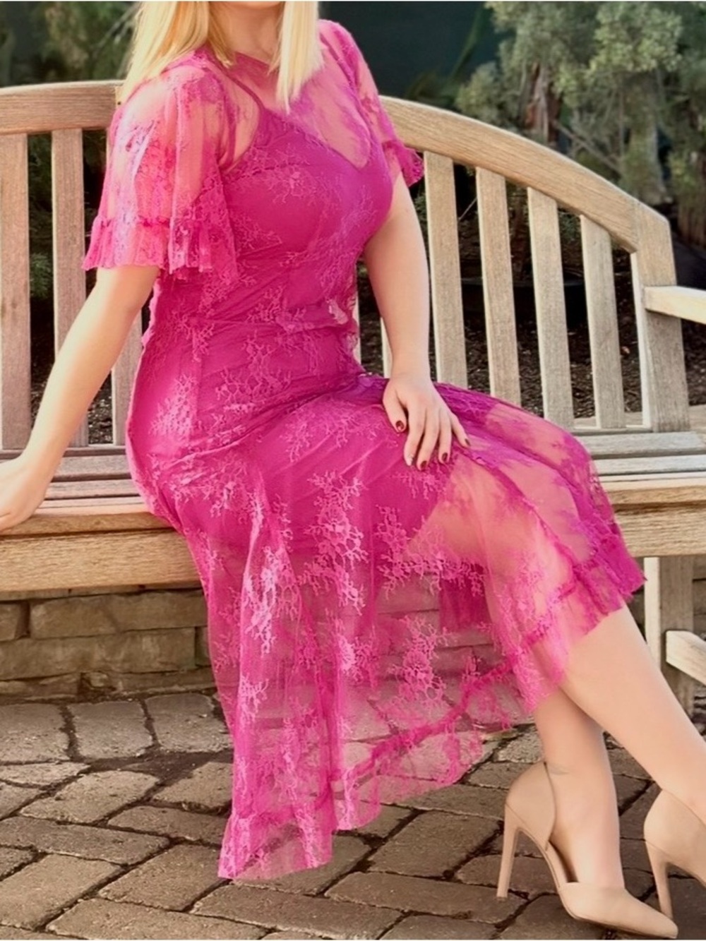 MELLODAY Magenta Lace Midi Dress with Sheer Overlay